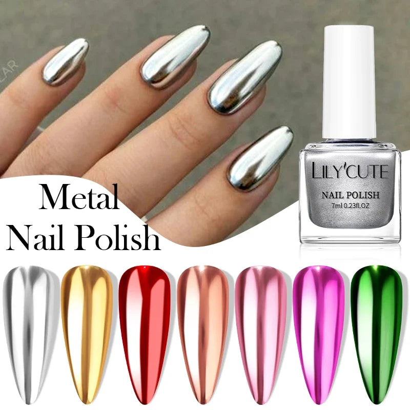 LILYCUTE 7ML Super Bright Silver Metallic Nail Polish No Need Lamp Quick Dry French Style Glass Bottle Manicure Nail Art Varnish 1