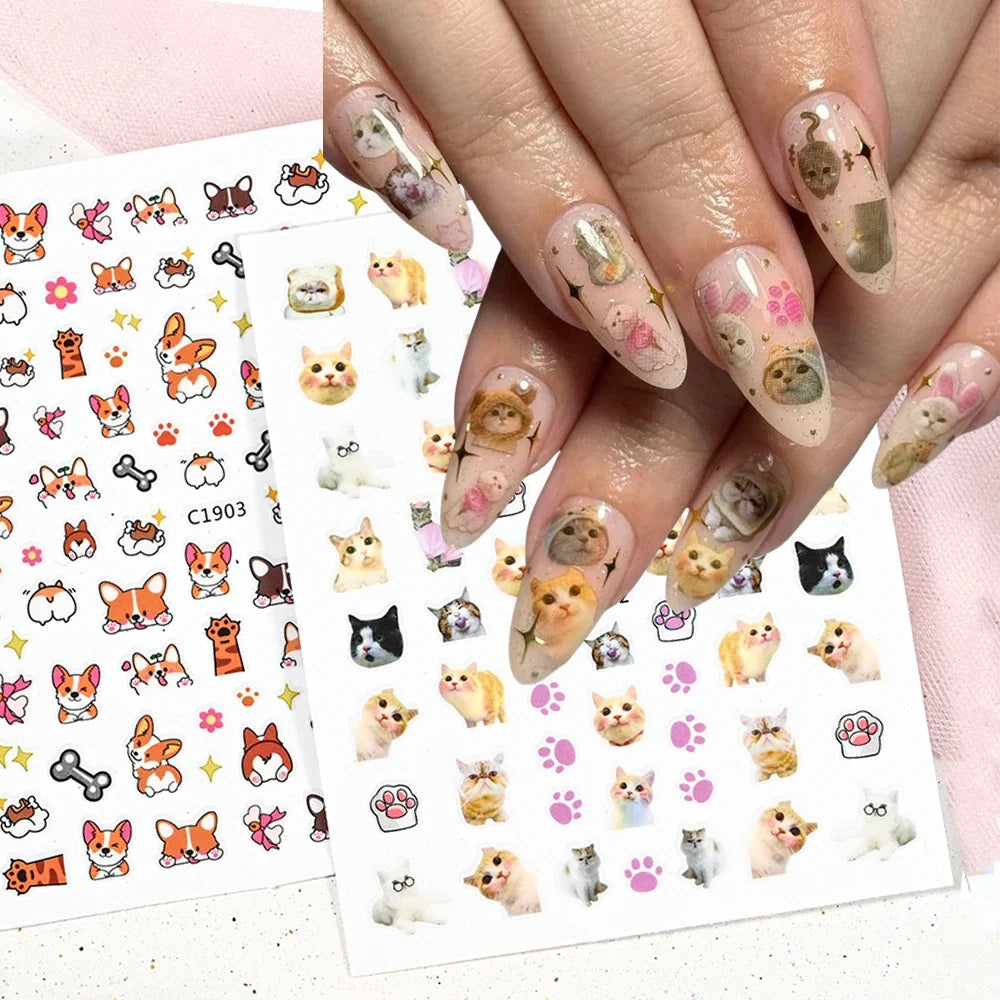 Lovely Cat Nail Decals 3D Animal Cartoon Dog Scrawl Relief Self Adhesive Nail Art Stickers Cute Puppy Kitty Y2K Nails Decoration 3