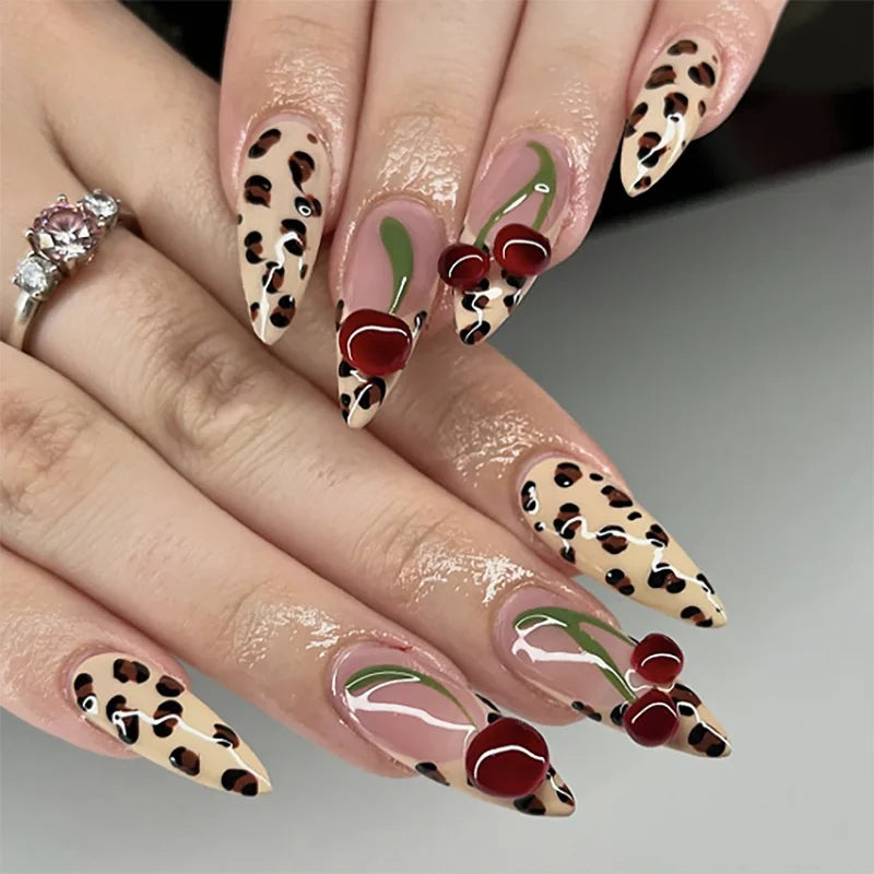 3D Bowknot Pearl Wearable Nail Art Fashion Leopard French Nude Almond Fake Nails Detachable Finished False Nails Press on Nails 8