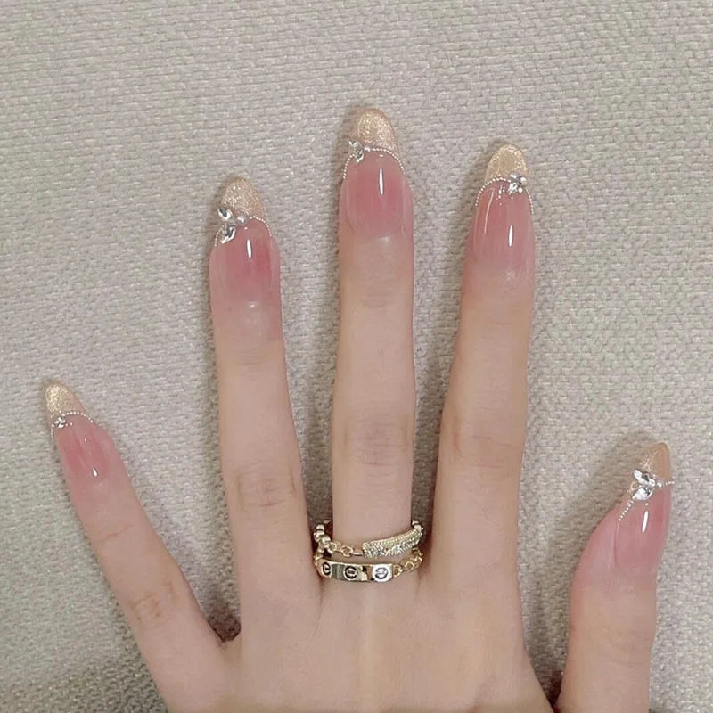 24Pcs Short Oval Head Blush Pink Press on Nails with Simple Designs Almond Nails Wearable Acrylic Full Cover Nail Tips with Glue 22