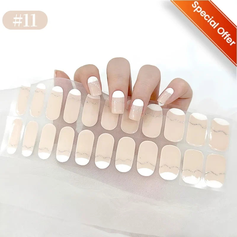20Tips Gradient French Semi-cured Gel Nail Sticker UV Lamp Needed Full Cover Nail Gel Polish Wraps Manicure Press on Nails Decal 11