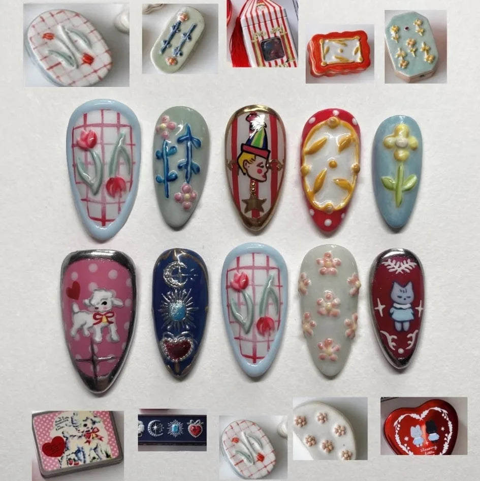 24pcs Flower Print Press on Nails Wine Red Blush Almond False Nail Tips Wearable Reusable Summer Spicy Girl Fake Nails 14