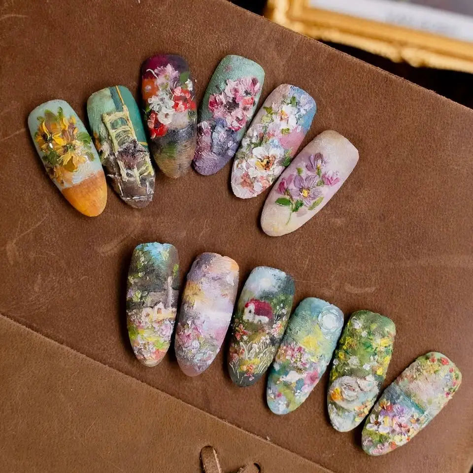 24pcs Flower Print Press on Nails Wine Red Blush Almond False Nail Tips Wearable Reusable Summer Spicy Girl Fake Nails 31