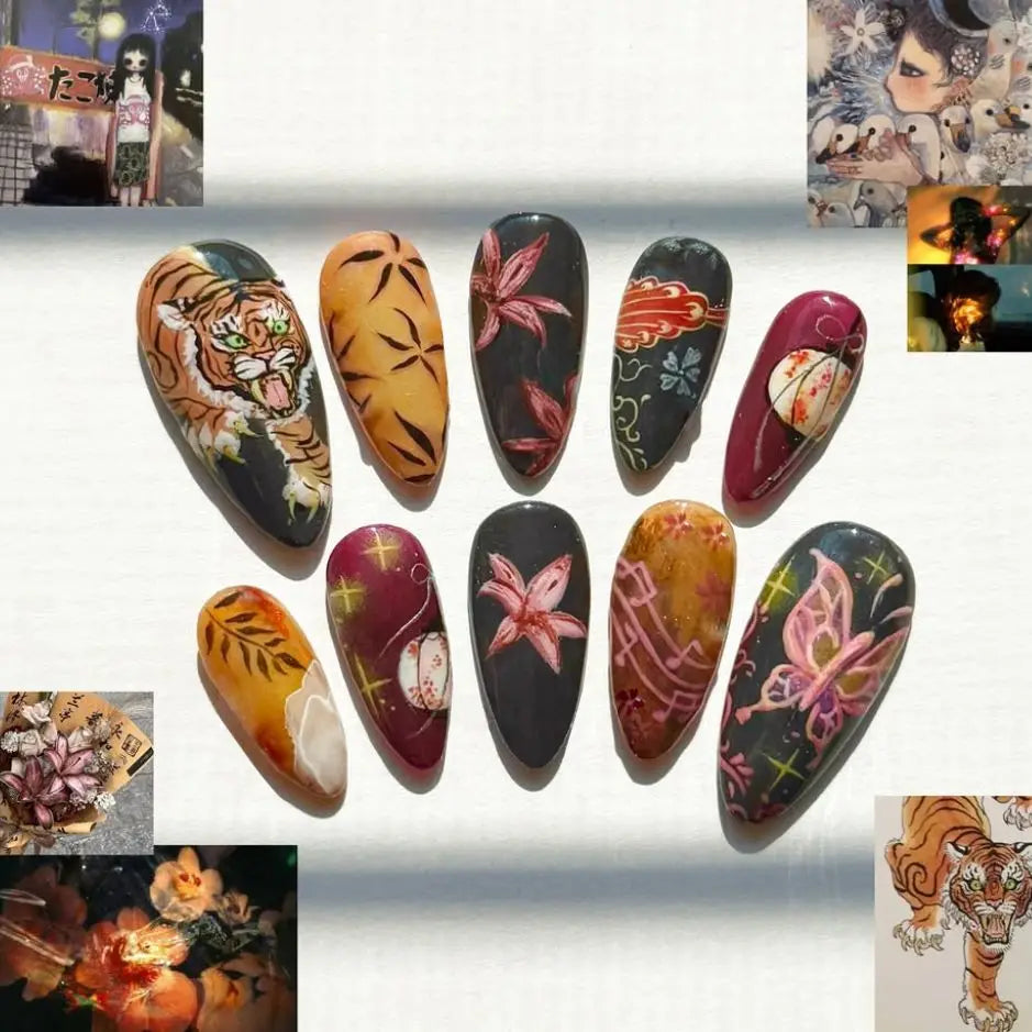 24pcs Flower Print Press on Nails Wine Red Blush Almond False Nail Tips Wearable Reusable Summer Spicy Girl Fake Nails 10