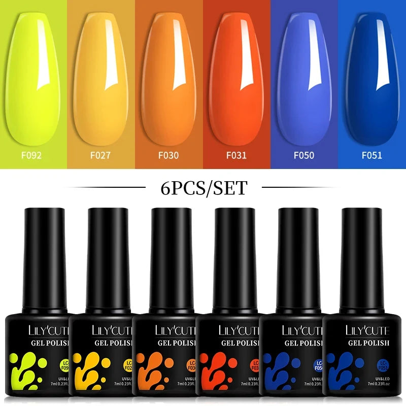 LILYCUTE 6Pcs/Set 7ML Gel DIY Nail Polish Bright Pink Semi Permanent Soak Off UV LED Gel Varnish Nail Art Design Manicure Kit 13
