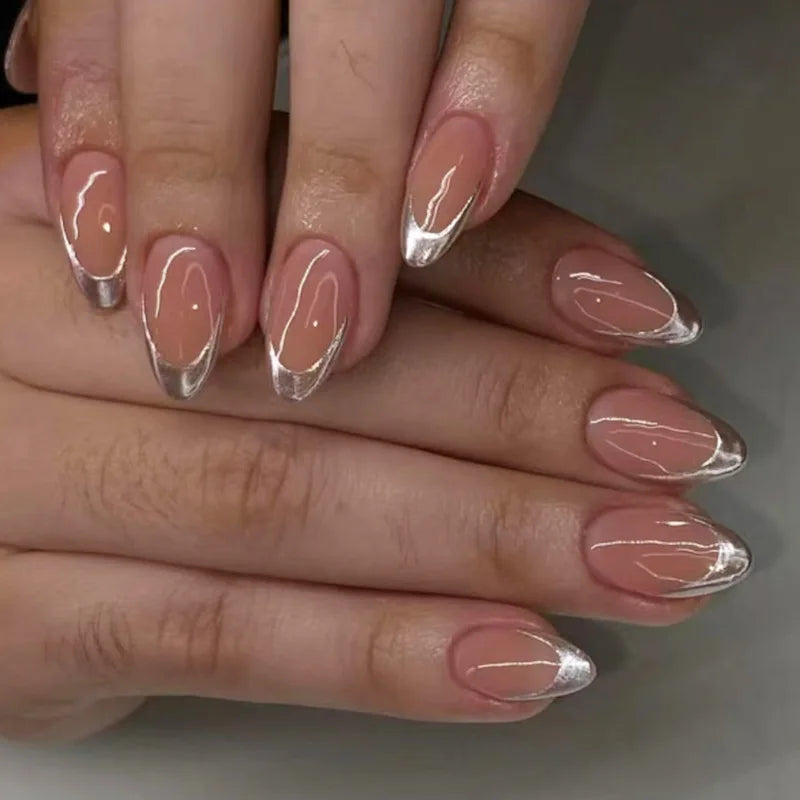 24Pcs Short Oval Head Blush Pink Press on Nails with Simple Designs Almond Nails Wearable Acrylic Full Cover Nail Tips with Glue 16