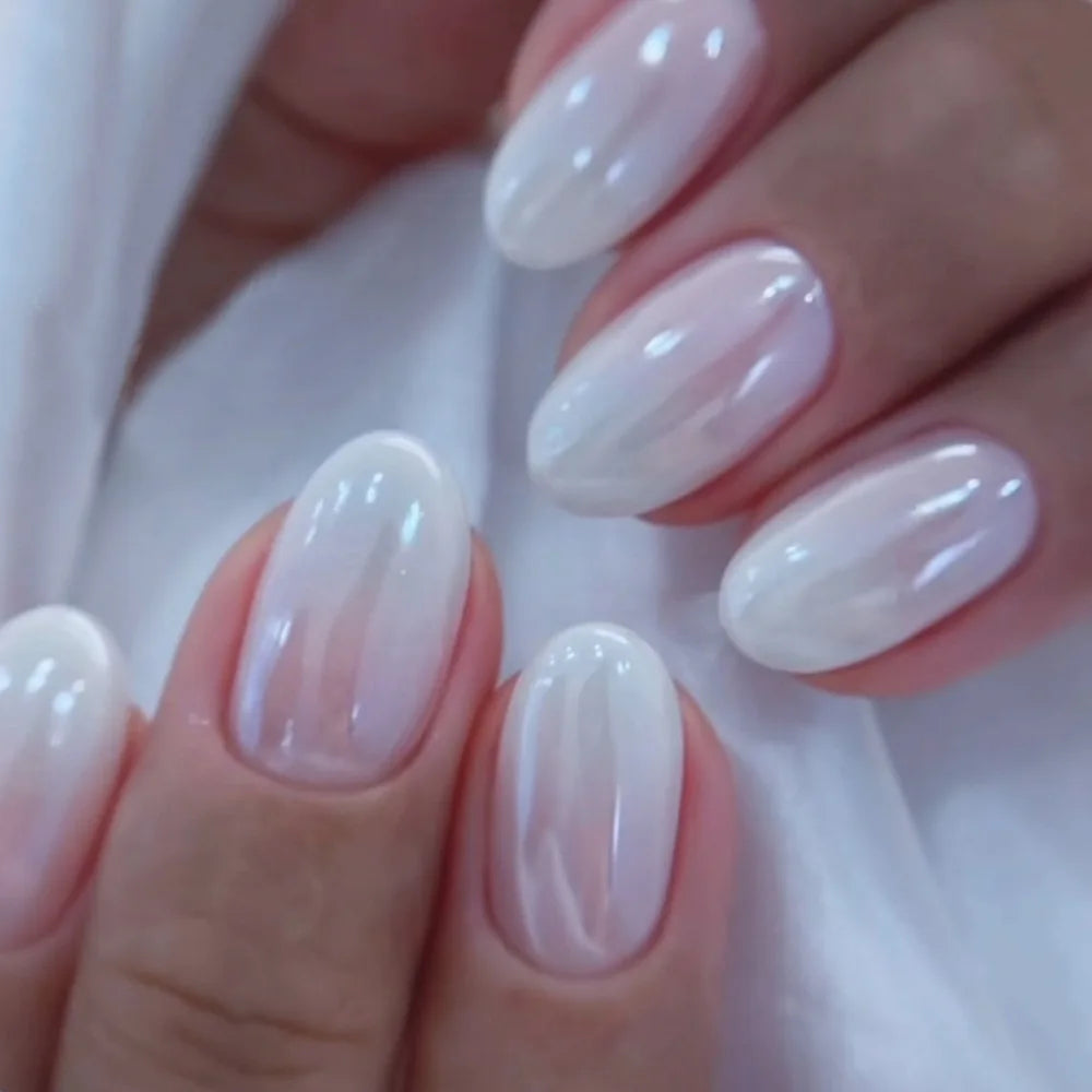 24Pcs Short Oval Head Blush Pink Press on Nails with Simple Designs Almond Nails Wearable Acrylic Full Cover Nail Tips with Glue 31