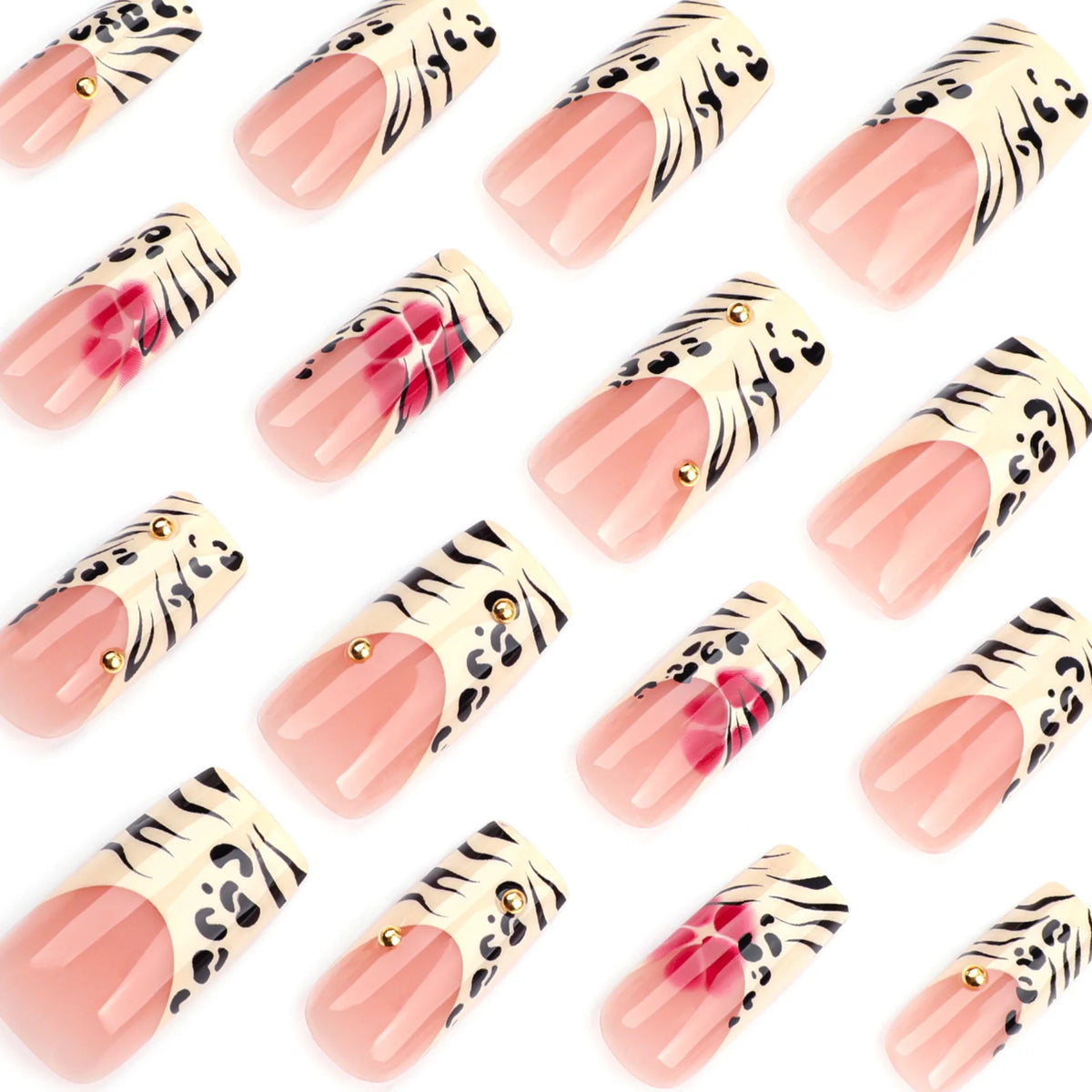 Black Leopard Print Light Yellow French Red Flowers Fake Nails Fashion Detachable Finished False Nails Press on Nails with Glue 2