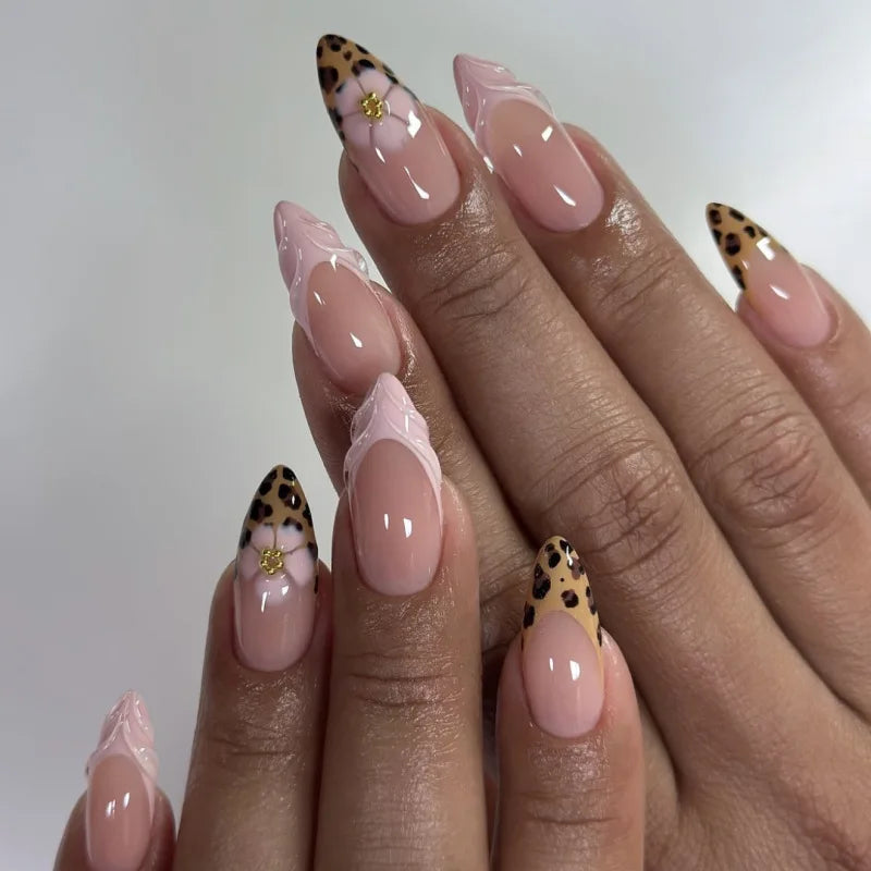 3D Bowknot Pearl Wearable Nail Art Fashion Leopard French Nude Almond Fake Nails Detachable Finished False Nails Press on Nails 11
