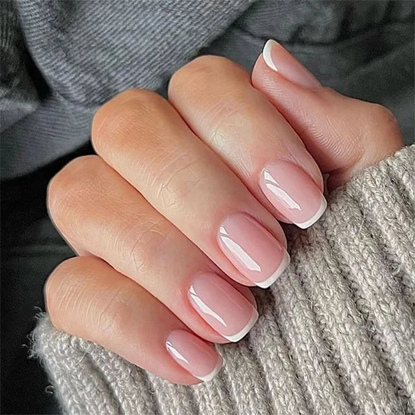 24Pcs Simple Square Head Fake Nail with Jelly Glue Pink White Gradient French Press on False Nails Short Full Cover Nail Tips 5