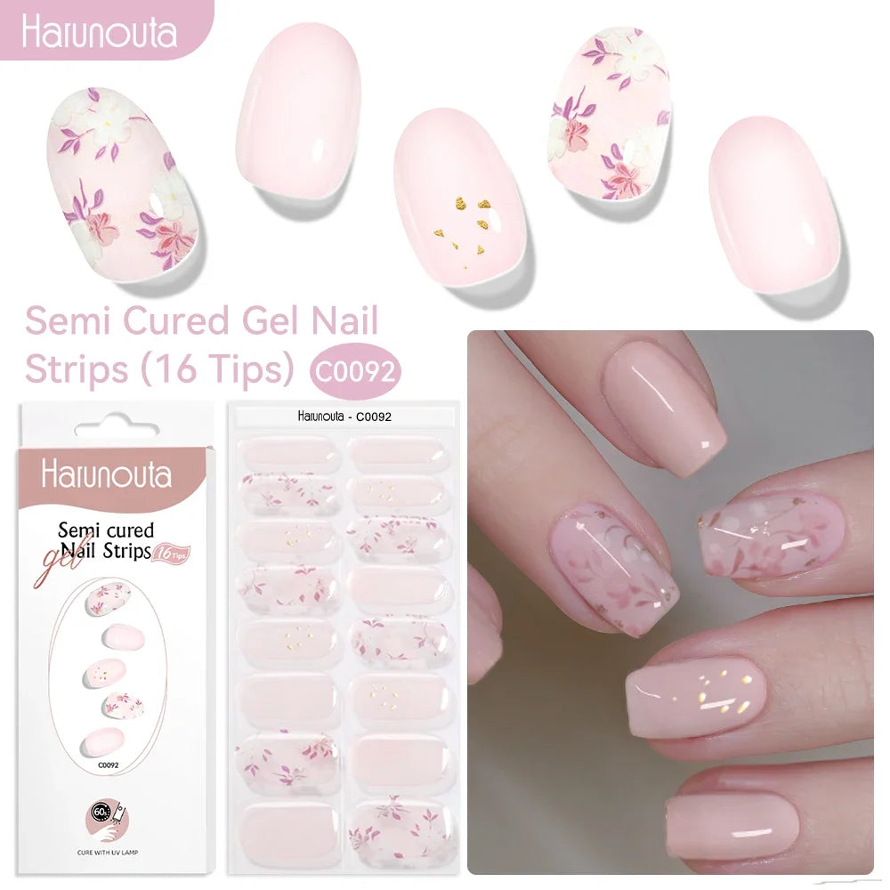 Harunouta 16strips Gradient Red Marble Gold Line Semi Cured Gel Nail Strips DIY Gel Polish Stickers for Nails Work with UV/LED 5