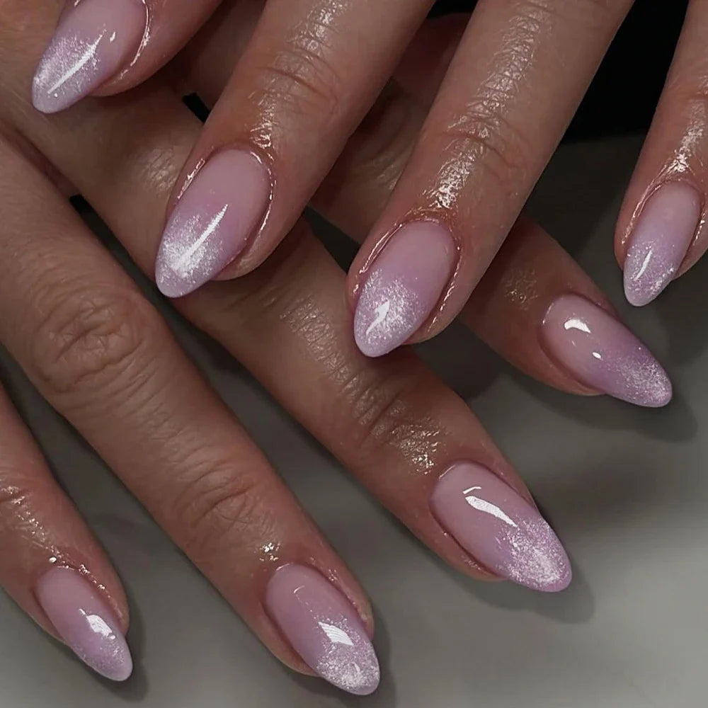 24Pcs Short Oval Head Blush Pink Press on Nails with Simple Designs Almond Nails Wearable Acrylic Full Cover Nail Tips with Glue 21
