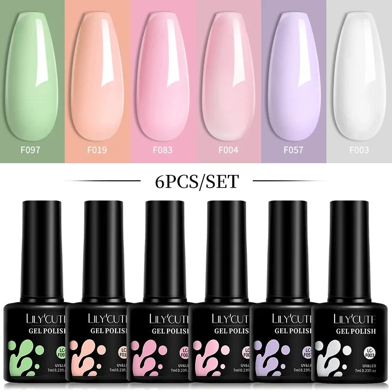 LILYCUTE 6Pcs/Set 7ML Gel DIY Nail Polish Bright Pink Semi Permanent Soak Off UV LED Gel Varnish Nail Art Design Manicure Kit 30
