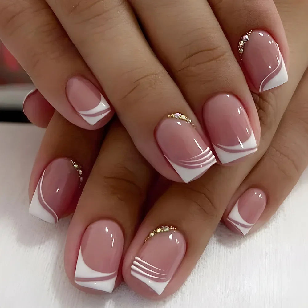 24Pcs Simple Square Head Fake Nail with Jelly Glue Pink White Gradient French Press on False Nails Short Full Cover Nail Tips 27
