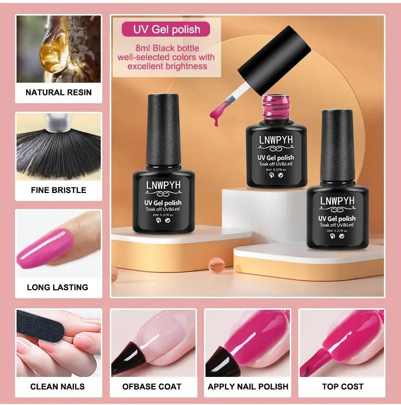LNWPYH Gel Nail Polish Set Nail Gel Kit 26 Color Semi Permanent UV Led Gel Varnish Soak Off Nail Lacquers Base Coat Top Coat Kit 4