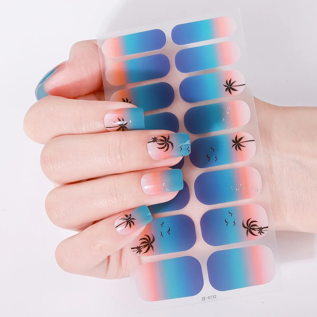 16Tips Full Cover Baking-Free Nail Polish Strips Summer Beach Coconut Tree Self-Adhesive DIY Nail Stickers Manicure Decoration 1