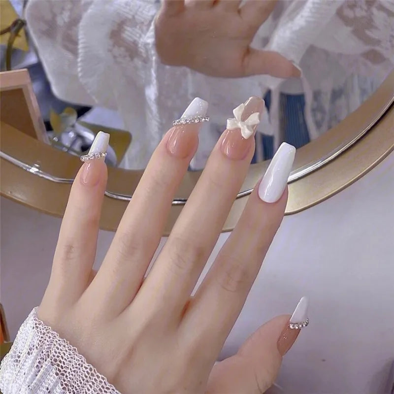 24PCS/1BOX  Dark Wind Gradient Long White Bow Nail Patch Fake Nails 6