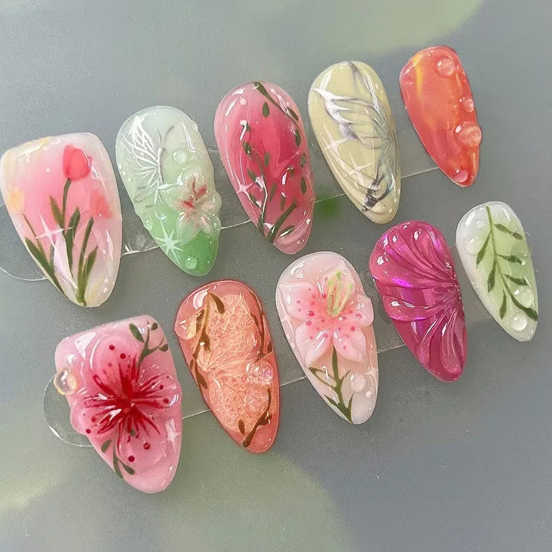24Pcs 3D Strawberry Rabbit Flower Fake Nails Press on Mid-length Almond Wearable False Nails Green Gradient Pearl Manicure Tips 18
