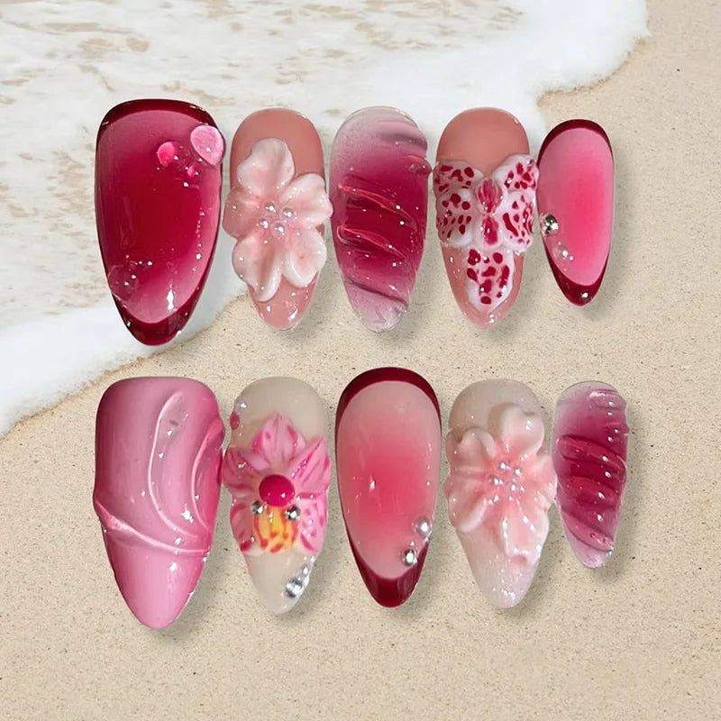 24Pcs 3D Strawberry Rabbit Flower Fake Nails Press on Mid-length Almond Wearable False Nails Green Gradient Pearl Manicure Tips 29