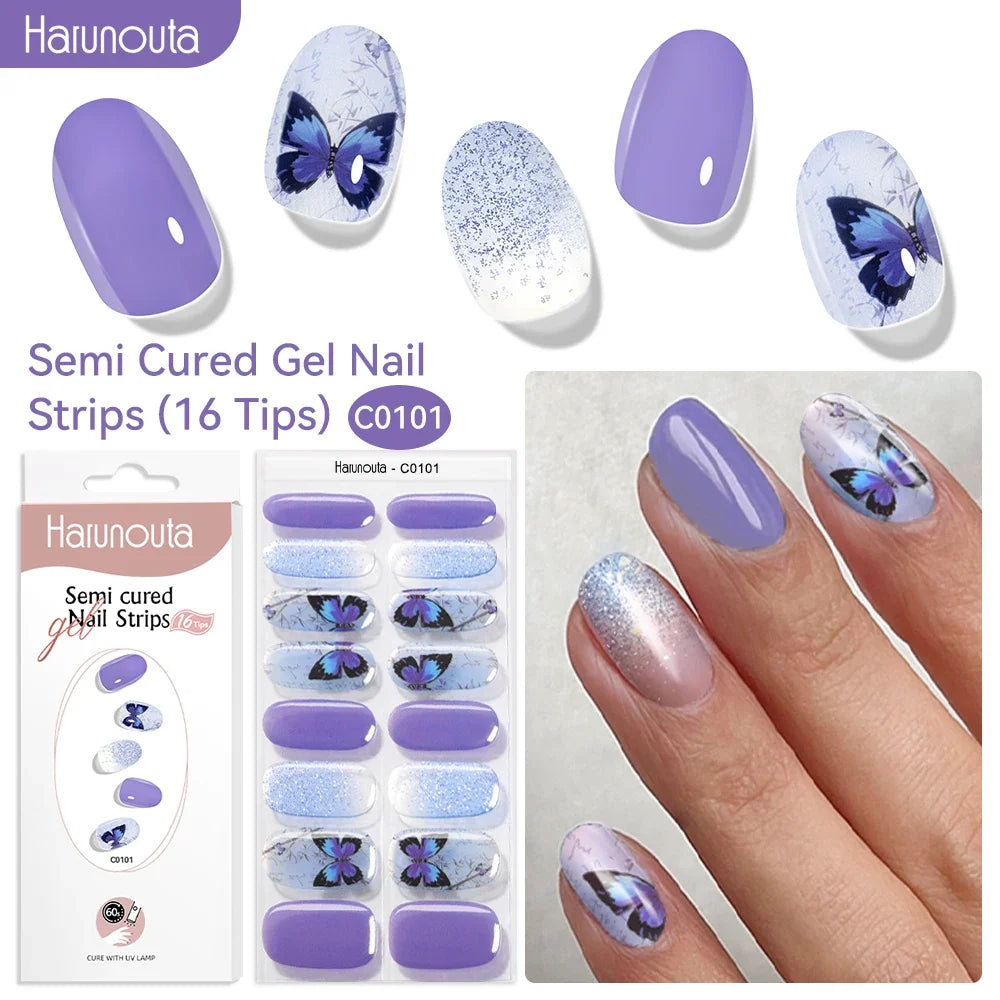 Harunouta 16strips Gradient Red Marble Gold Line Semi Cured Gel Nail Strips DIY Gel Polish Stickers for Nails Work with UV/LED 30
