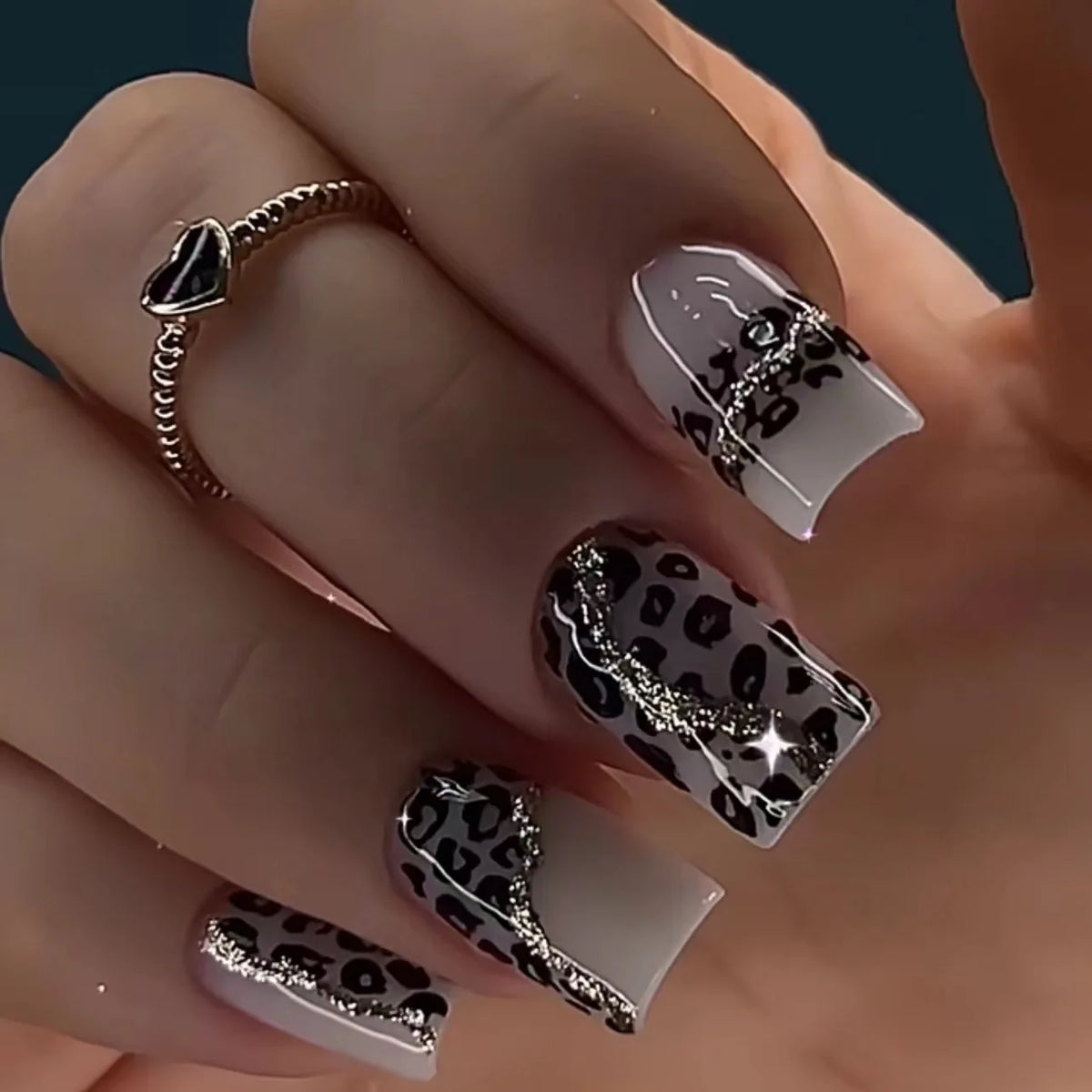 Black Leopard Print Light Yellow French Red Flowers Fake Nails Fashion Detachable Finished False Nails Press on Nails with Glue 3