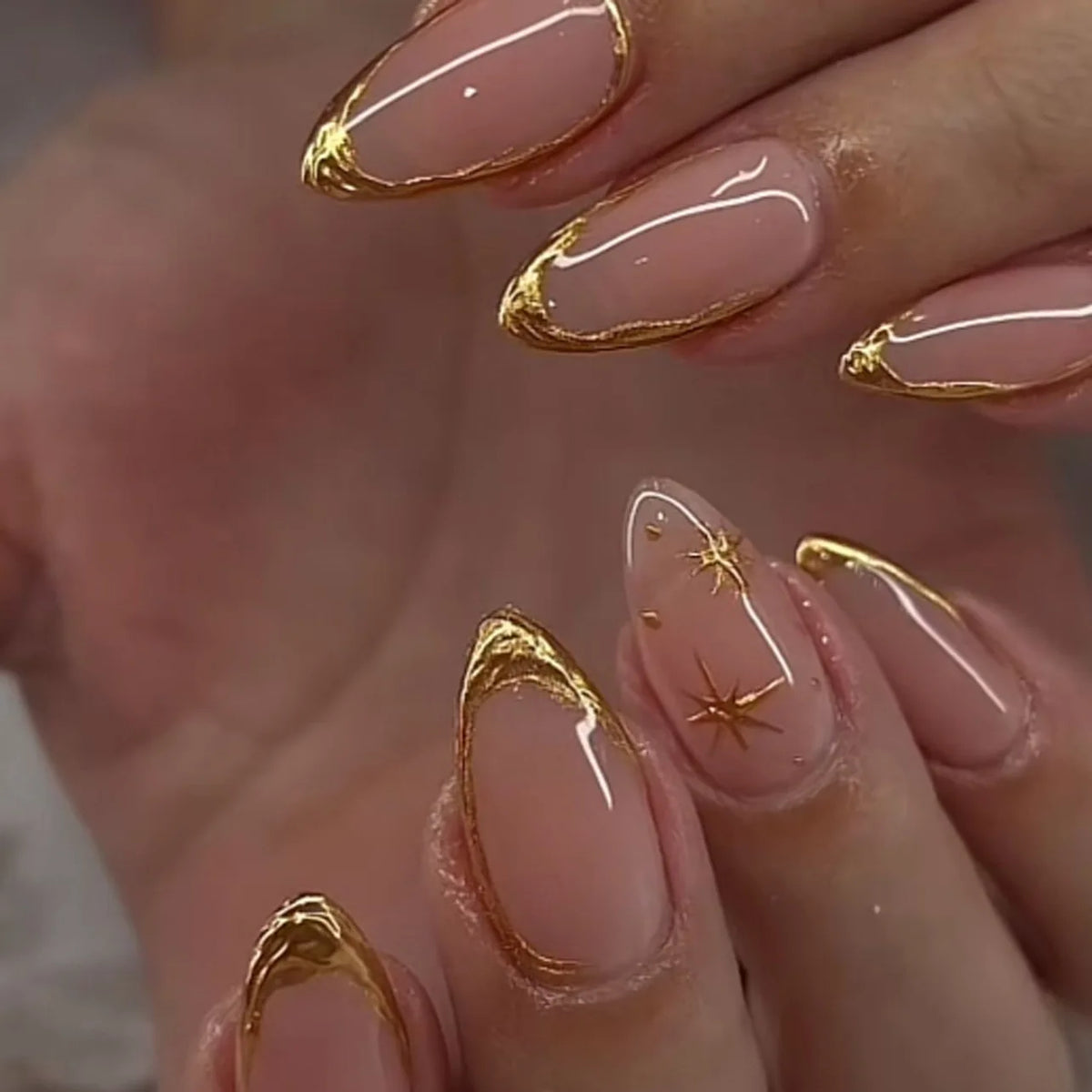 24Pcs Metallic Cat Eye French Sheer Manicure Tip Art Textured 3D Acrylic False Nails Nude Pink Almond Medium Press on Fake Nails 34