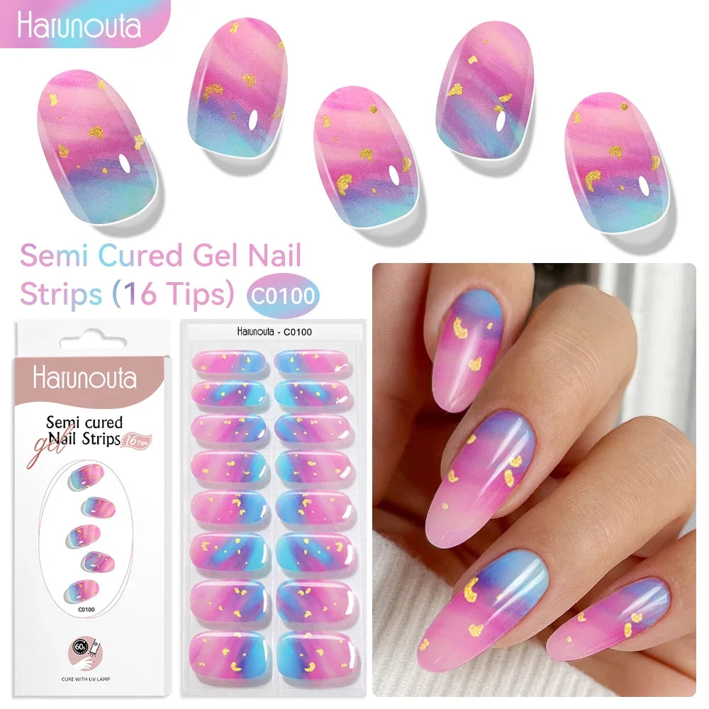 Harunouta 16strips Gradient Red Marble Gold Line Semi Cured Gel Nail Strips DIY Gel Polish Stickers for Nails Work with UV/LED 29