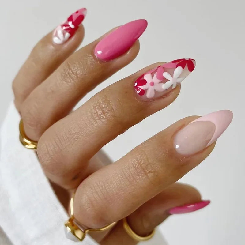 24pcs Red Flower Design Stick on Nail Art French Oval Fake Nail Finished Short Almond False Nails Datachable Press on Nails Tips 6