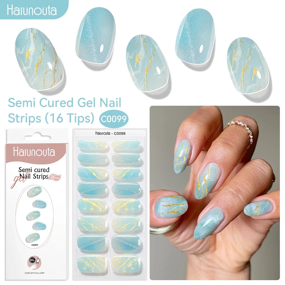 Harunouta 16strips Gradient Red Marble Gold Line Semi Cured Gel Nail Strips DIY Gel Polish Stickers for Nails Work with UV/LED 10