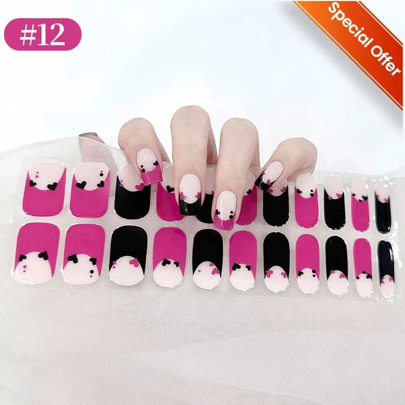 20Tips Gradient French Semi-cured Gel Nail Sticker UV Lamp Needed Full Cover Nail Gel Polish Wraps Manicure Press on Nails Decal 20