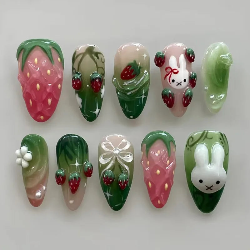 24Pcs 3D Strawberry Rabbit Flower Fake Nails Press on Mid-length Almond Wearable False Nails Green Gradient Pearl Manicure Tips 1