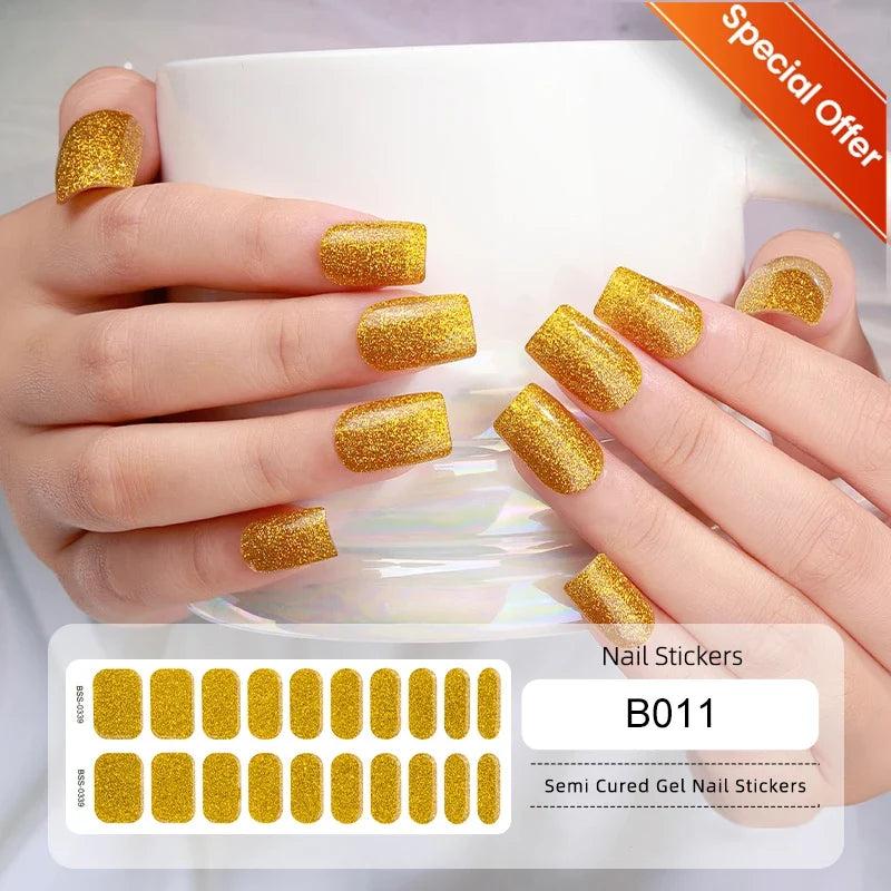 20Tips Gradient French Semi-cured Gel Nail Sticker UV Lamp Needed Full Cover Nail Gel Polish Wraps Manicure Press on Nails Decal 10