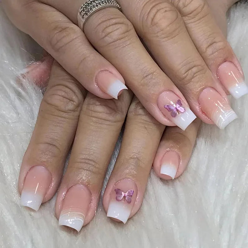24Pcs Simple Square Head Fake Nail with Jelly Glue Pink White Gradient French Press on False Nails Short Full Cover Nail Tips 48