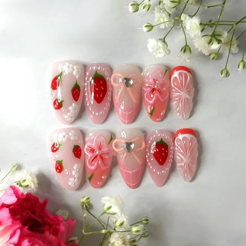 24Pcs 3D Strawberry Rabbit Flower Fake Nails Press on Mid-length Almond Wearable False Nails Green Gradient Pearl Manicure Tips 21