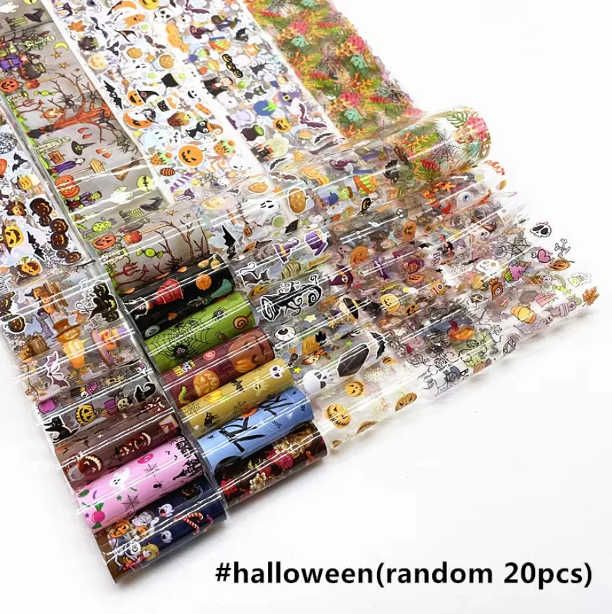 20 Rolls Halloween Nail Foils Gradient Transfer Paper Christmas Nail Art Stickers Stripe Floral Manicure Decals Nails Decoration 15