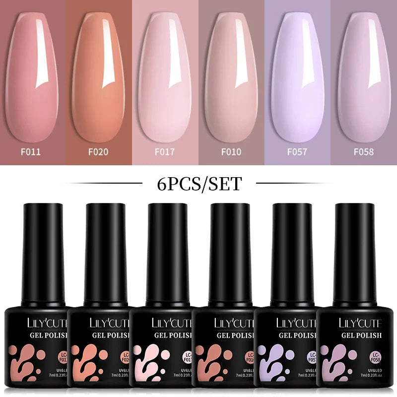 LILYCUTE 6Pcs/Set 7ML Gel DIY Nail Polish Bright Pink Semi Permanent Soak Off UV LED Gel Varnish Nail Art Design Manicure Kit 24