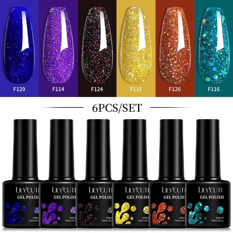 LILYCUTE 6Pcs/Set 7ML Gel DIY Nail Polish Bright Pink Semi Permanent Soak Off UV LED Gel Varnish Nail Art Design Manicure Kit 36