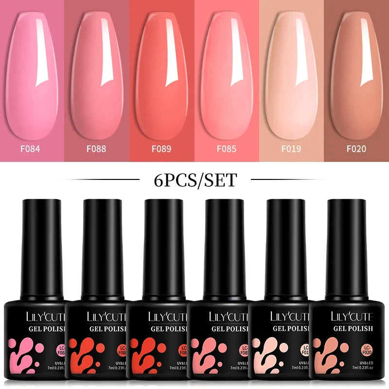 LILYCUTE 6Pcs/Set 7ML Gel DIY Nail Polish Bright Pink Semi Permanent Soak Off UV LED Gel Varnish Nail Art Design Manicure Kit 29