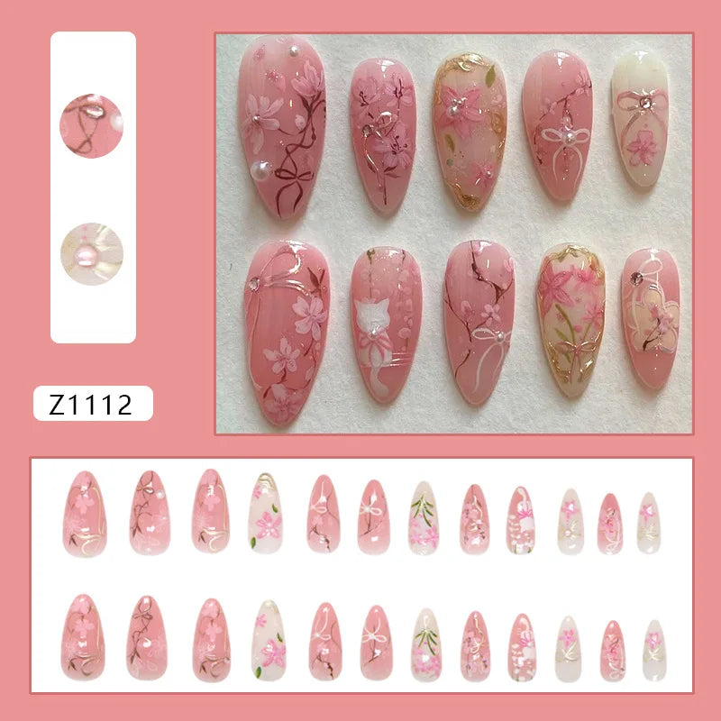 24pcs Flower Print Press on Nails Wine Red Blush Almond False Nail Tips Wearable Reusable Summer Spicy Girl Fake Nails 28