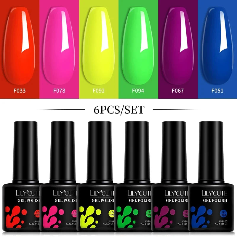 LILYCUTE 6Pcs/Set 7ML Gel DIY Nail Polish Bright Pink Semi Permanent Soak Off UV LED Gel Varnish Nail Art Design Manicure Kit 17