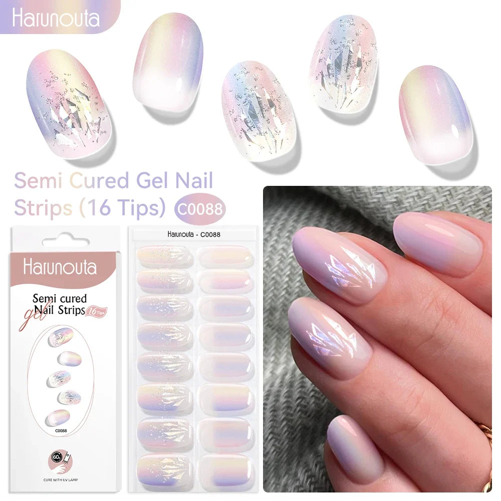 Harunouta 16strips Gradient Red Marble Gold Line Semi Cured Gel Nail Strips DIY Gel Polish Stickers for Nails Work with UV/LED 43