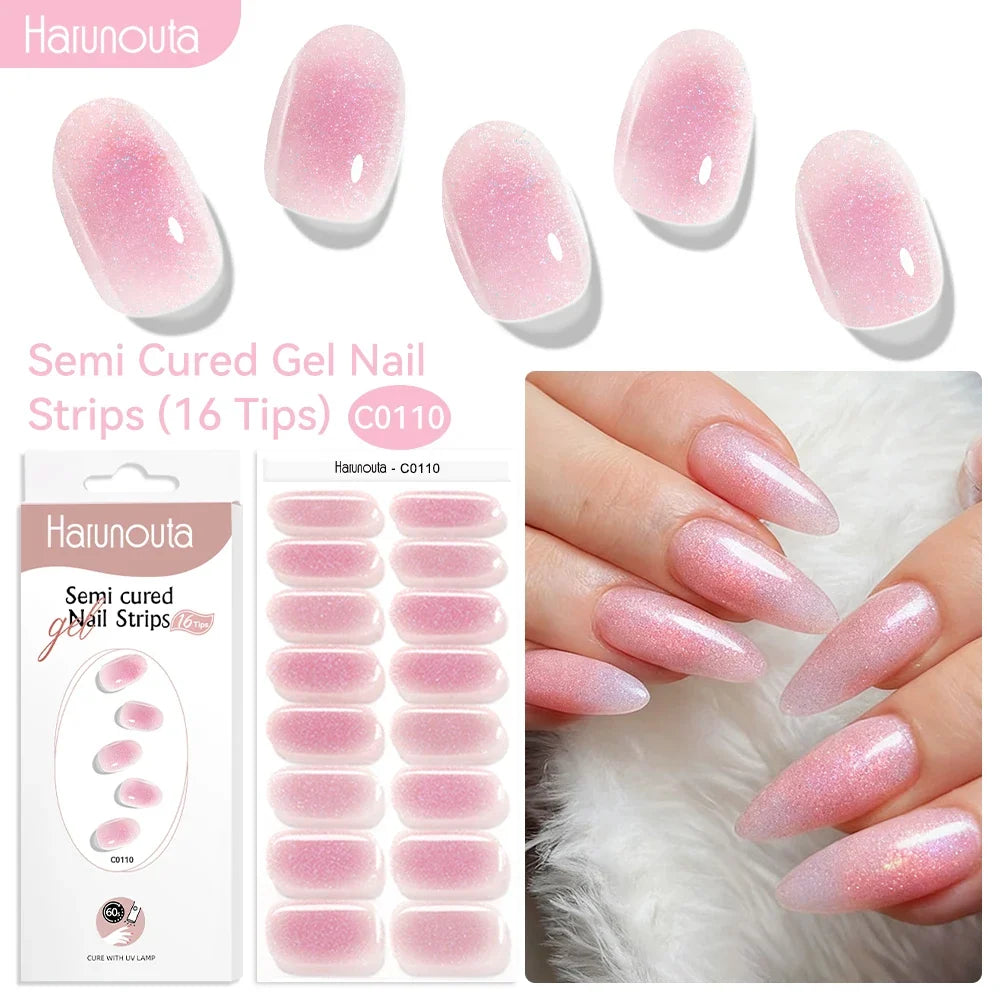 Harunouta 16strips Gradient Red Marble Gold Line Semi Cured Gel Nail Strips DIY Gel Polish Stickers for Nails Work with UV/LED 15