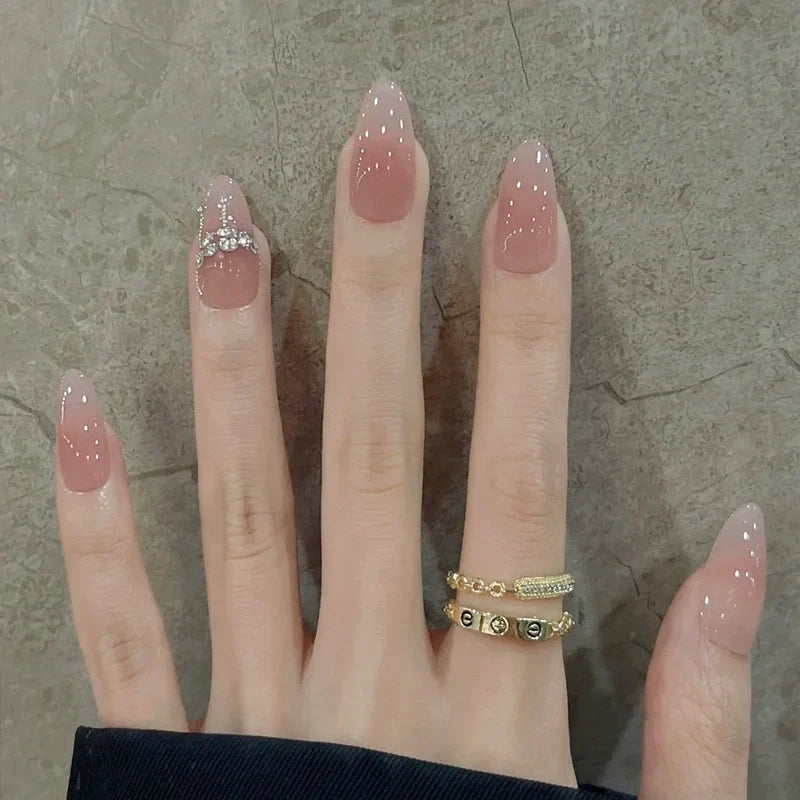 24Pcs Short Oval Head Blush Pink Press on Nails with Simple Designs Almond Nails Wearable Acrylic Full Cover Nail Tips with Glue 13