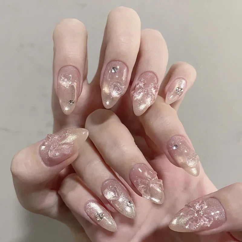24Pcs 3D Strawberry Rabbit Flower Fake Nails Press on Mid-length Almond Wearable False Nails Green Gradient Pearl Manicure Tips 13