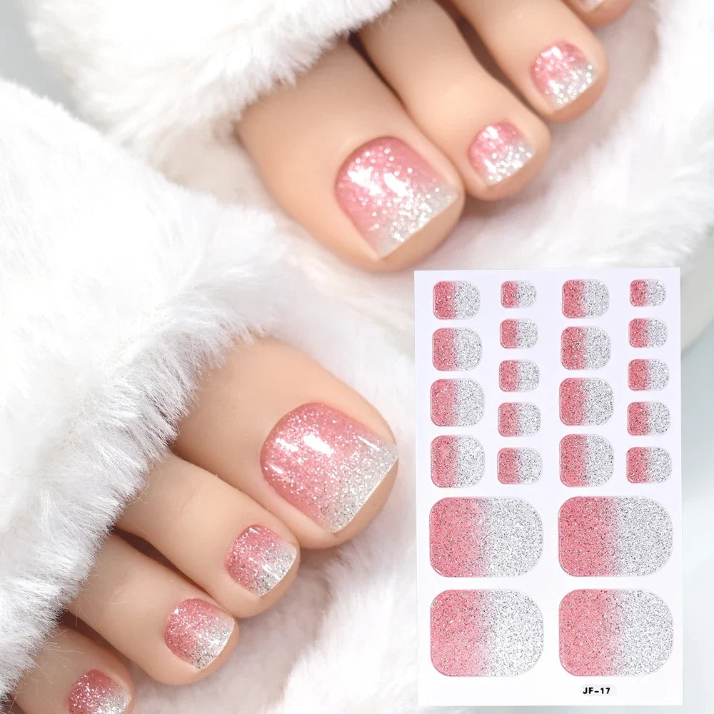 1pcs 22tips Gradient Glitter Full Toe Nail Wraps 3D Shiny Omber Pink/Purple/blue Toe Nail Polish Stickers Baking Free Toe Strips 24