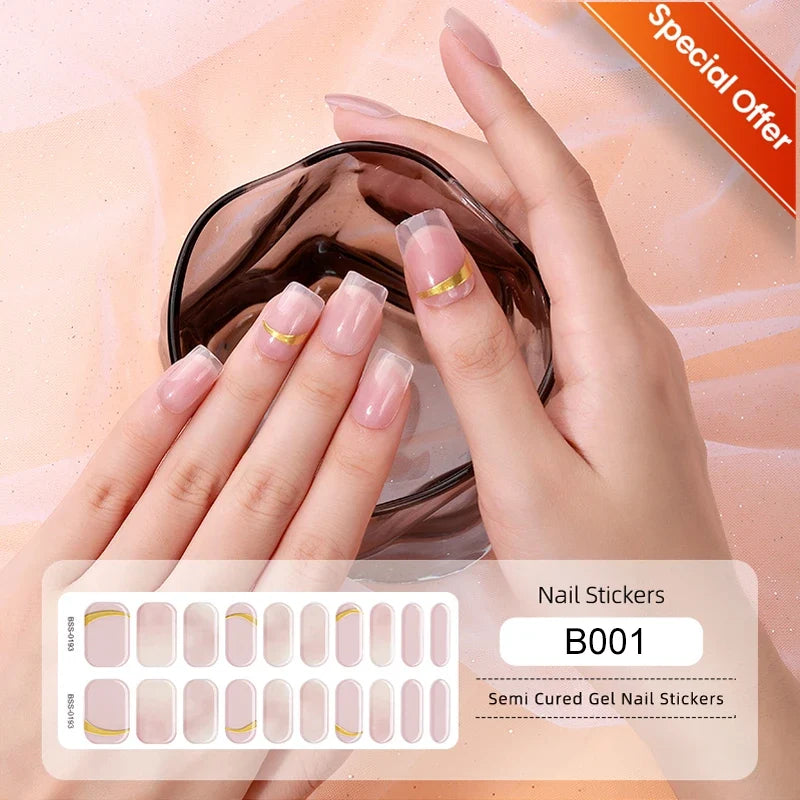 20Tips Gradient French Semi-cured Gel Nail Sticker UV Lamp Needed Full Cover Nail Gel Polish Wraps Manicure Press on Nails Decal 33