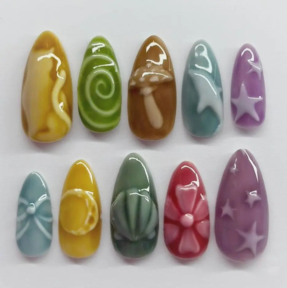 24pcs Flower Print Press on Nails Wine Red Blush Almond False Nail Tips Wearable Reusable Summer Spicy Girl Fake Nails 22