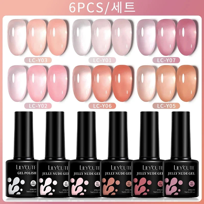 LILYCUTE 6PCS/SET 7ml Jelly Pink Nude Translucent Gel Nail Polish Set Semi Permanent Soak Off Nail Art Manicure Gel Set 2