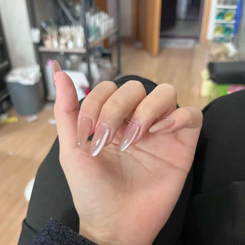 24Pcs Metallic Cat Eye French Sheer Manicure Tip Art Textured 3D Acrylic False Nails Nude Pink Almond Medium Press on Fake Nails 10