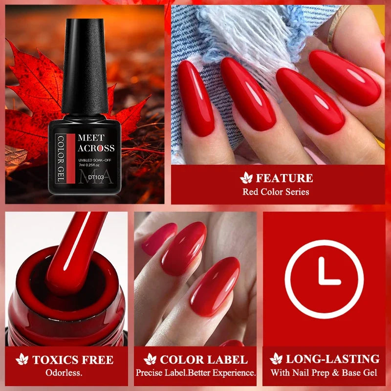 MEET ACROSS 7ml Red Gel Nail Polish Crystal Semi Permanent Soak Off UV Gel Varnish Nail Art Manicure Base Matte Top Coat Vernis 4